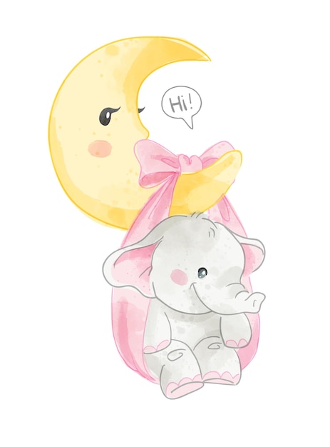 Cute little elephant hanging on the moon illustration