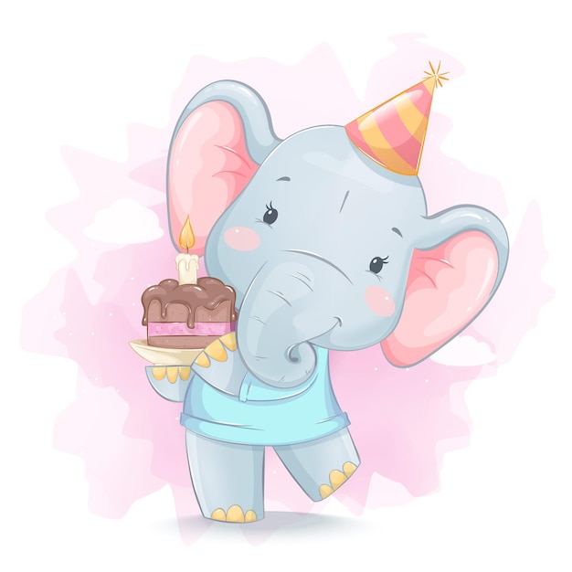 Carino piccolo elefante tenendo la torta con la candela