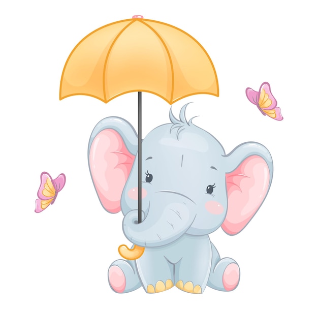 Vector cute little elephant holding umbrella