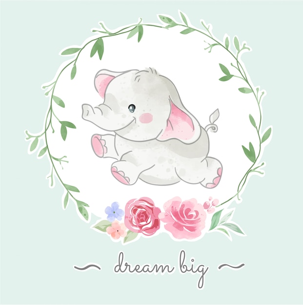 Cute Little Elephant Jumping in Floral Frame Illustration