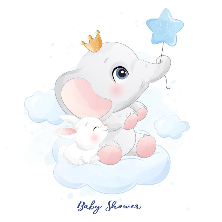 Cute little elephant sitting in the cloud with bunny illustration