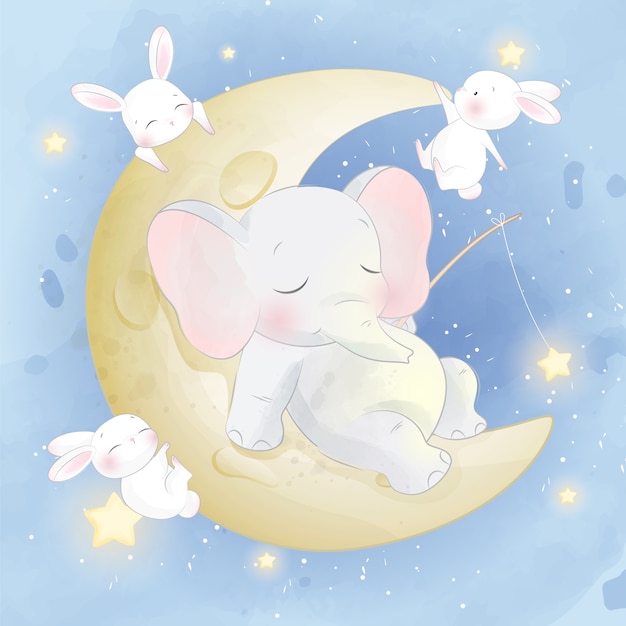 Cute little elephant sitting in the moon with bunny