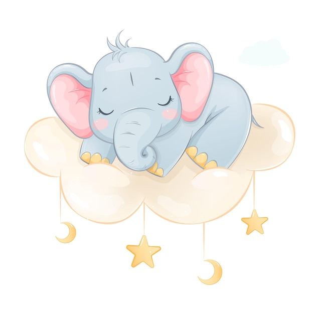 Cute little elephant sleeping on a cloud