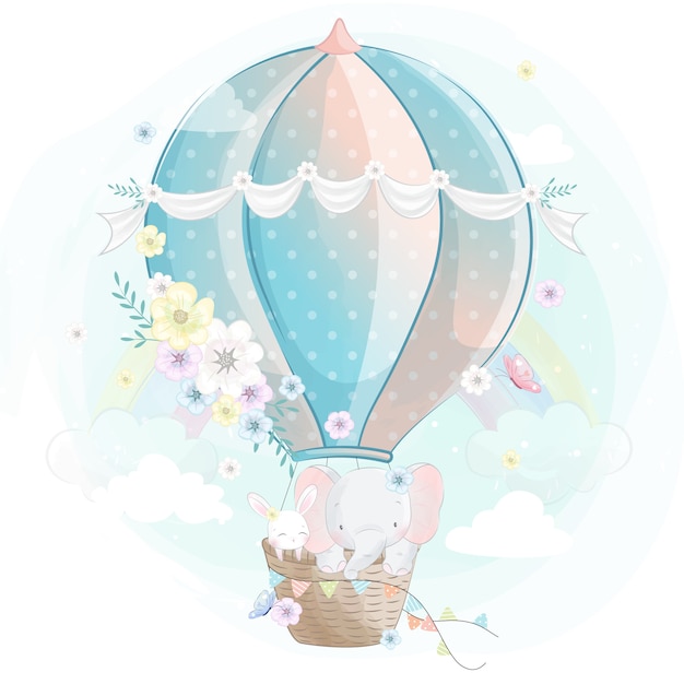 Cute little elephant with bunny in the air balloon