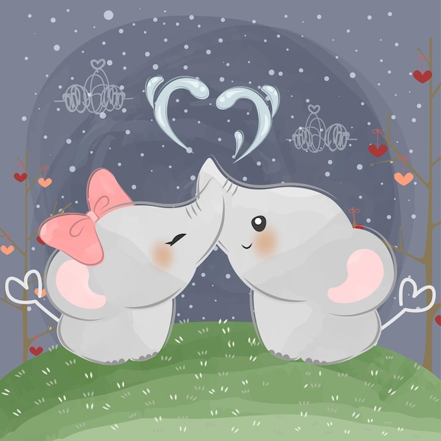 Vector cute little elephants with love water