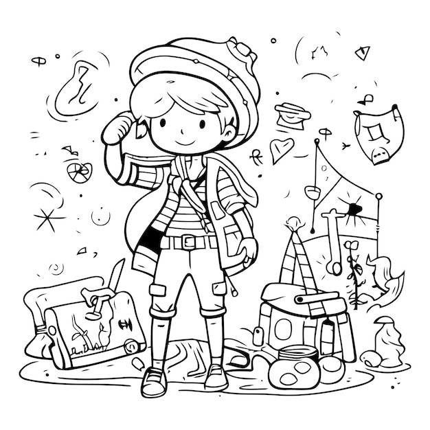 Вектор Милый маленький мальчик-исследователь с рюкзаком и картой