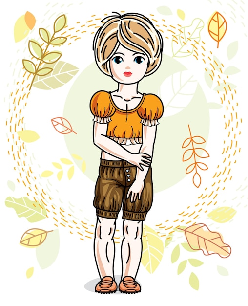 Cute little fair-haired girl standing on background of autumn landscape and wearing stylish casual clothes. Vector human illustration.