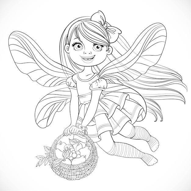 Vector cute little fairy girl with a round wicker basket filled fruits outlined for coloring isolated on a white background