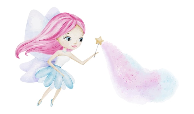 Vector cute little fairy with a magic wand and light blue wings isolated watercolor illustration for kids goods clothes postcards baby shower and childrens room