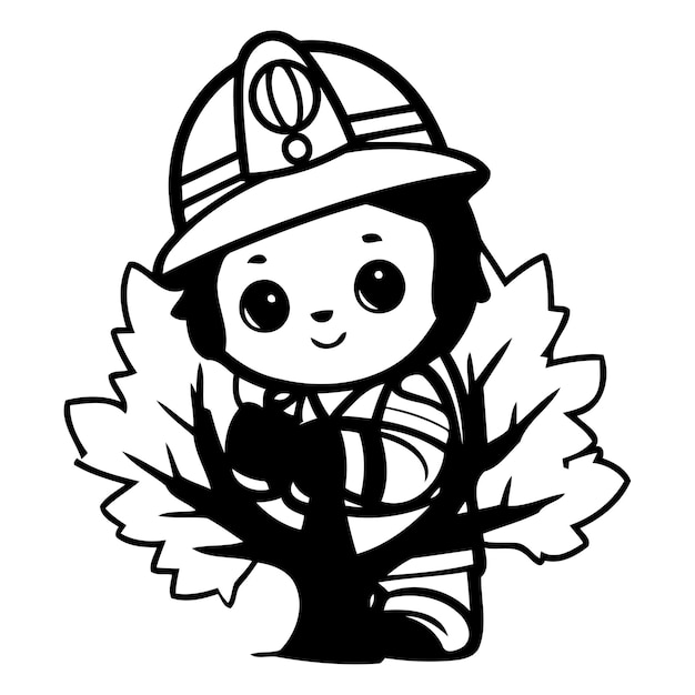 Vettore piccolo pompiere carino con un albero illustrazione vettoriale su sfondo bianco