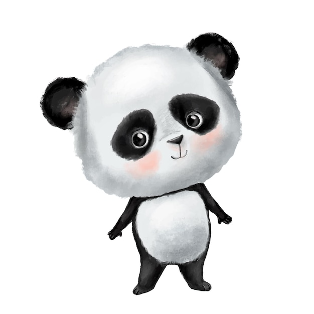 Cute little fluffy Chinese panda stands and smiles Funny kid animal character