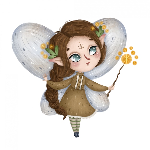 Cute little forest fairy with a magic wand on a white background	