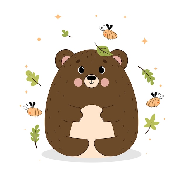 Cute little forest wild animals Cute bear with leaves mushrooms acorns