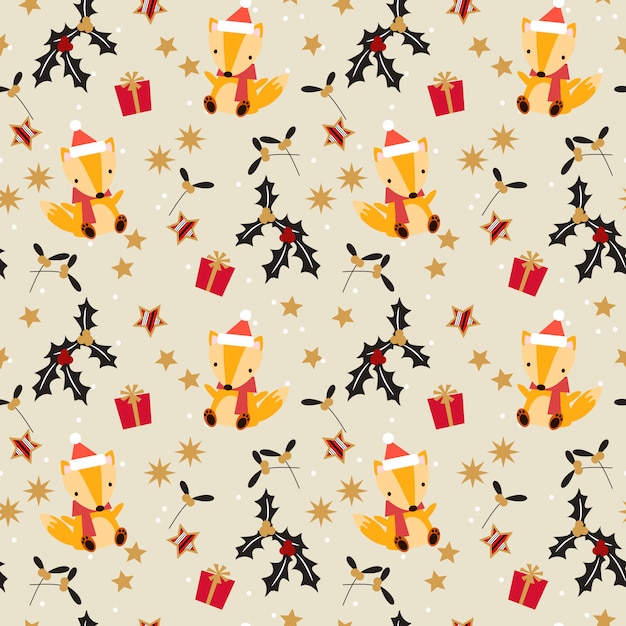 Cute little fox and Christmas gift seamless pattern.