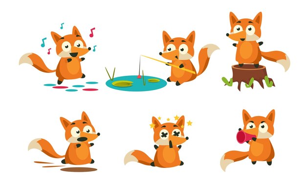 Vector cute little fox doing different activities set adorable animal character fishing dancing running dying vector illustration on white background