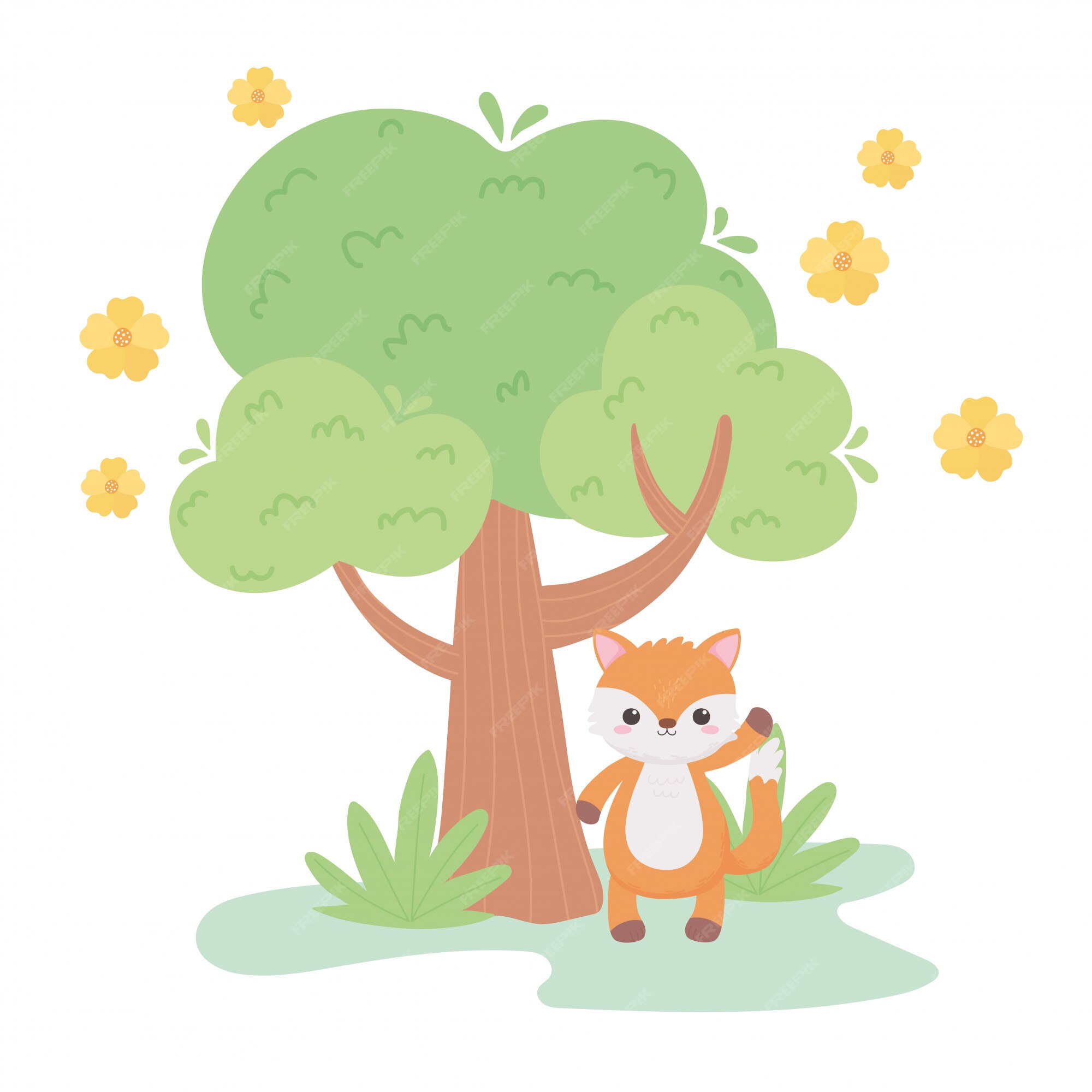 Premium Vector | Cute little fox flowers tree meadow cartoon animals in a natural landscape vector illustration Premium Vector | Cute little fox flowers tree meadow cartoon animals in a natural landscape vector illustration