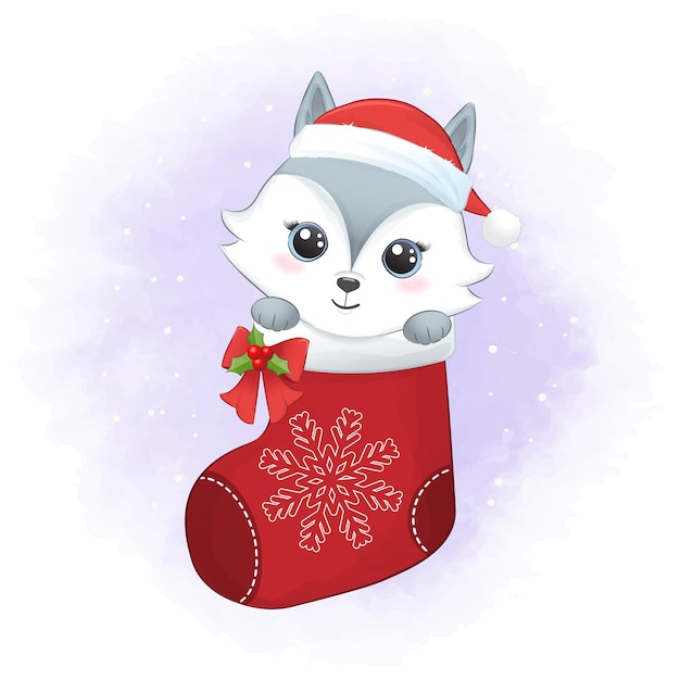 Cute little fox in the sock christmas season illustration