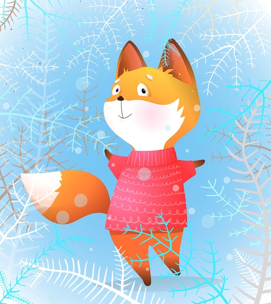 Cute little fox wearing winter sweater christmas holidays postcard . fox character illustration for kids, happy cheerful animal cartoon. children illustration in watercolor style.