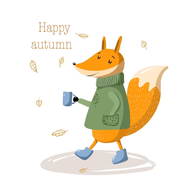 Cute little fox with cup of hot drink vector illustration autumn card with cartoon character