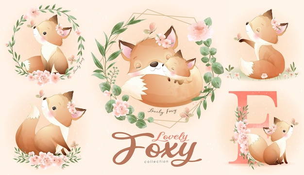 Cute little fox with watercolor illustration set