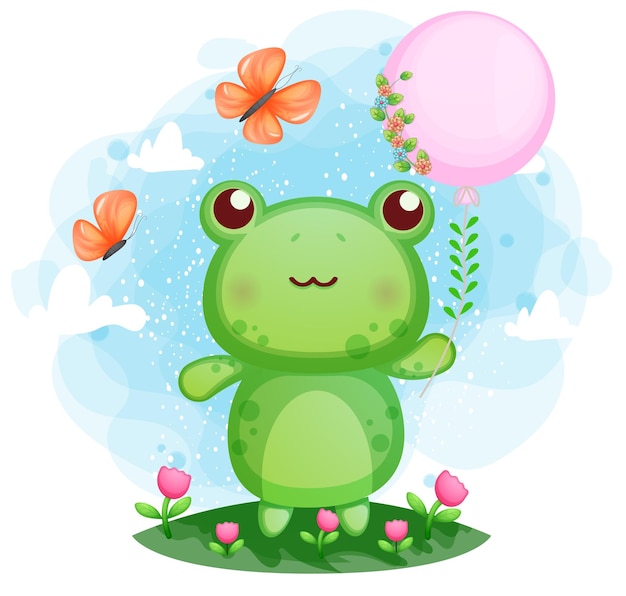 Cute little frog holding a balloon 