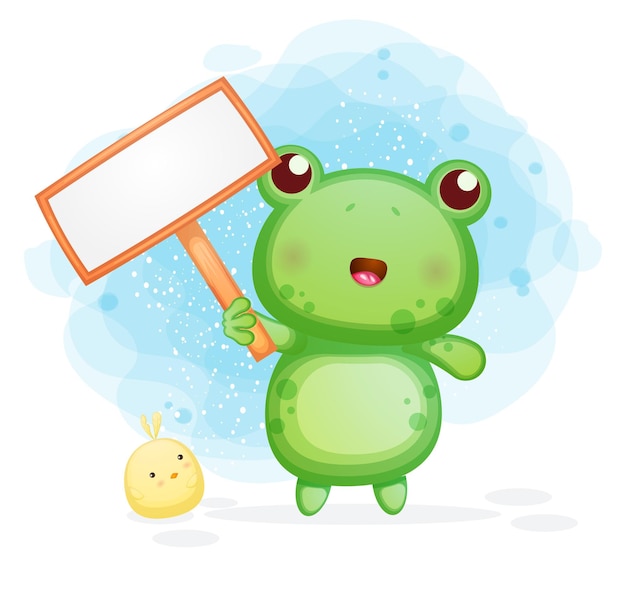 Cute little frog holding a blank text board