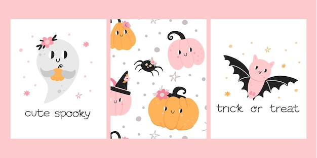 귀여운 작은 유령과 박쥐 할로윈 아이 인쇄 및 패턴 손으로 그린 꽃 tshirt 장식으로 재미있는 생물 가을 휴가 카드 또는 포스터 레터링 문구 벡터 만화 세트