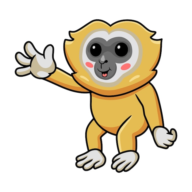Carino piccolo gibbone cartone animato agitando la mano