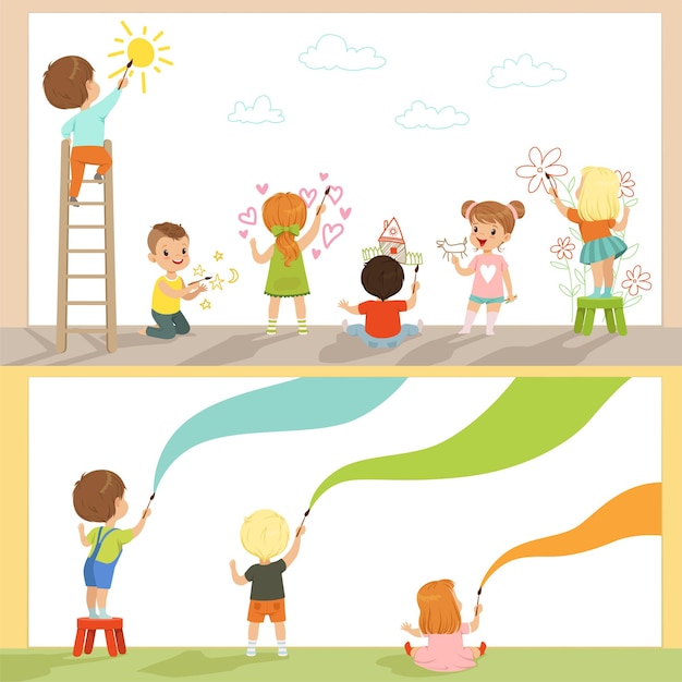 Cute little gids painting with color paints and brush on the wall set back view vector illustrations isolated on a white background