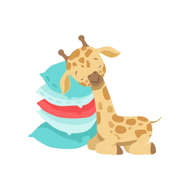 Cute little giraffe sleeping on a stack of pillows funny jungle animal cartoon character vector Illustration isolated on a white background