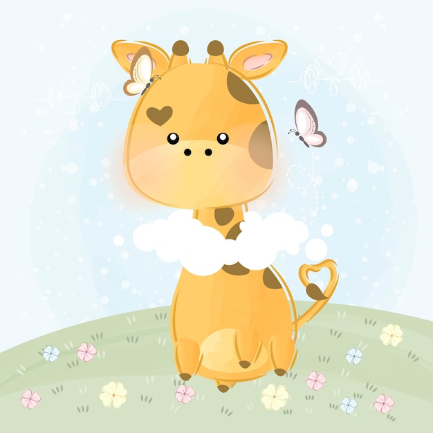 Vector cute little giraffe with clouds and butterflies