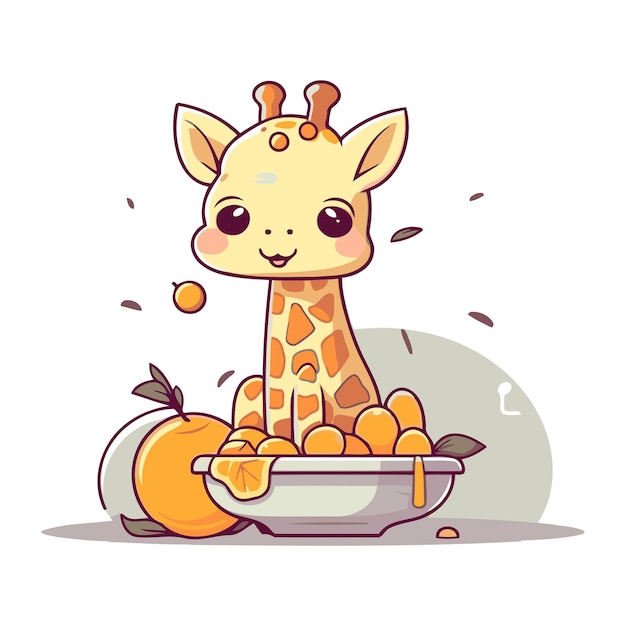 Cute little giraffe with oranges in bowl Vector illustration