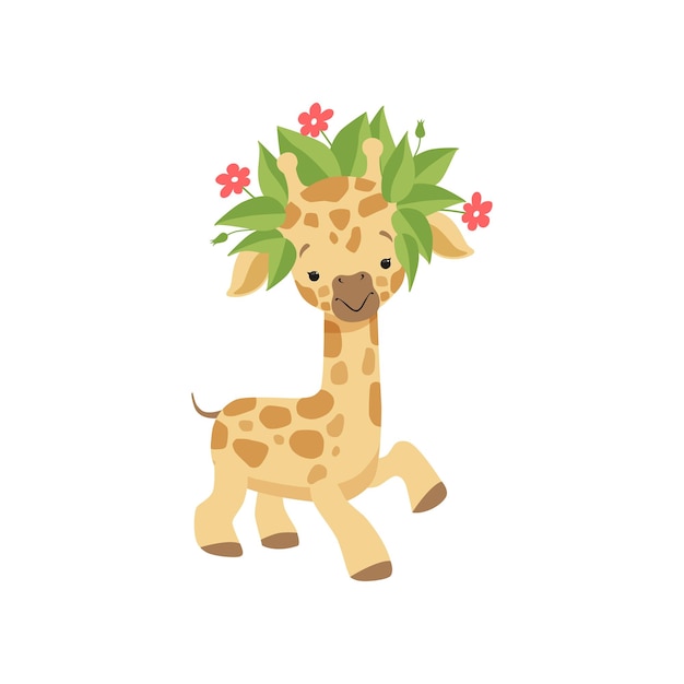 Cute little giraffe in wreath of flowers funny jungle animal cartoon character vector Illustration isolated on a white background