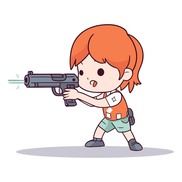 만화 스타일로 총을 겨누고 있는 귀여운 어린 소녀