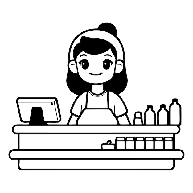 Cute little girl in apron and apron standing on the counter in supermarket Vector illustration