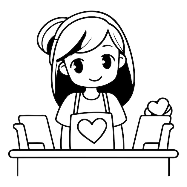 Cute little girl in apron sitting at table with laptop and holding heart in her hand