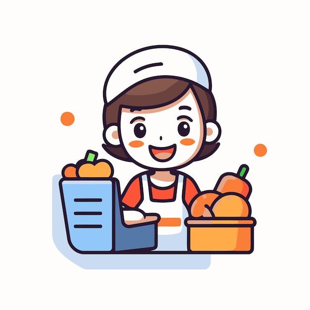 Cute little girl in apron with shopping basket Vector illustration