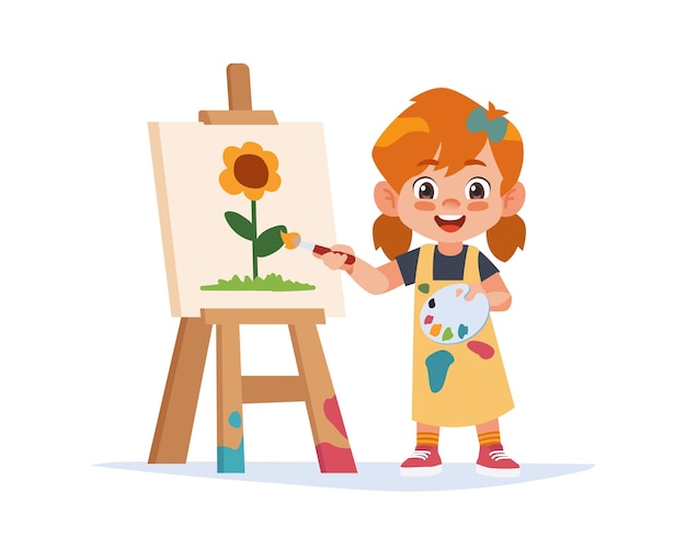 Vector cute little girl artist holding color palette and paintbrush painting on the canvas