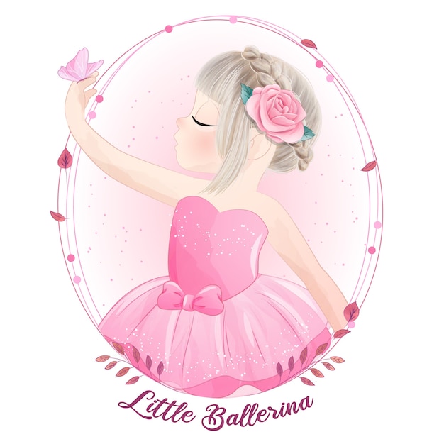 Cute little girl ballerina with watercolor illustration