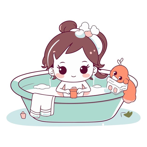 Cute little girl bathes in a bathtub