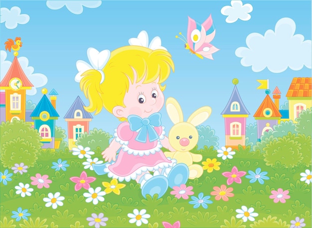 Cute little girl in a beautiful pink dress sitting with a small toy rabbit on grass among flowers