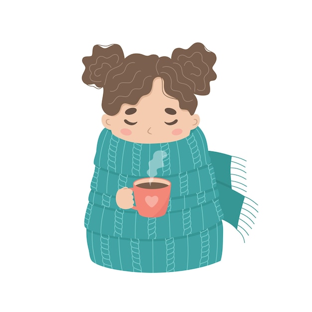 Vector cute little girl in a big knitted scarf drink tea in winter season, child with cup in cold weather