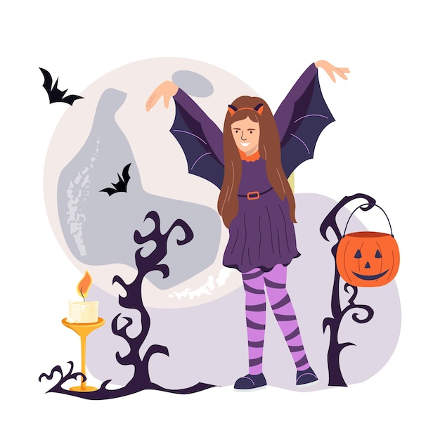 Cute little girl in bright bat costume going to halloween party with carnival decoration flat vector