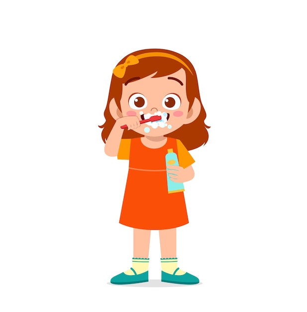 cute little girl brushing teeth and holding toothpaste
