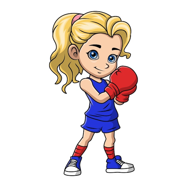 Vector cute little girl cartoon boxing