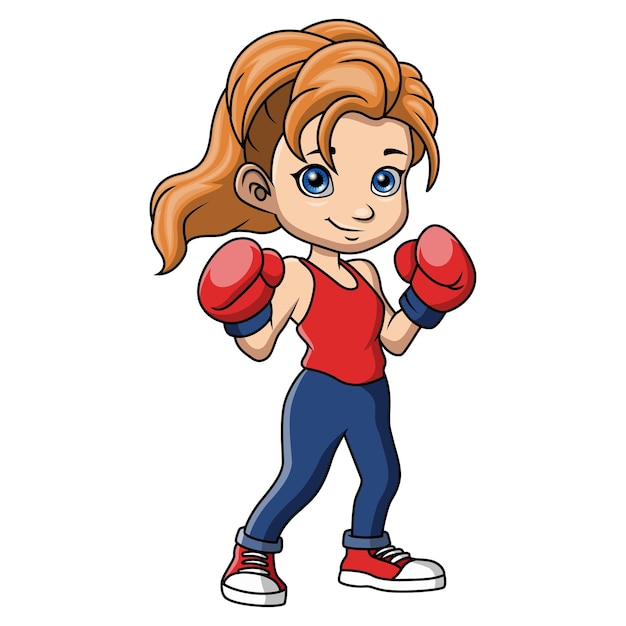 Vector cute little girl cartoon boxing