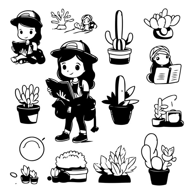 Vector cute little girl cartoon character vector illustration set cute little girl in a hat with a book and a cactus