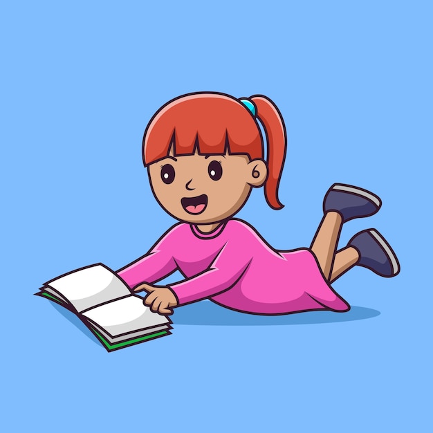 Cute bambina cartone animato sdraiato a leggere un libro