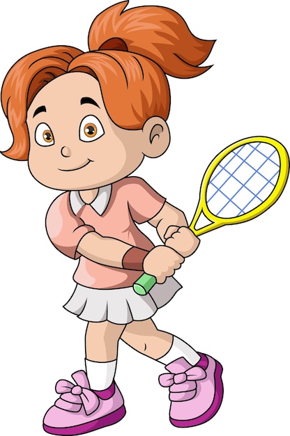 Vector cute little girl cartoon playing tennis