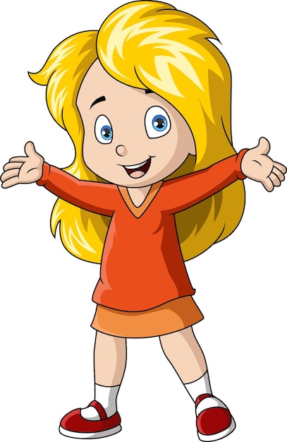 Vector cute little girl cartoon raising hands